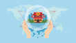 © Nur - Two hands holding a glass sphere containing a traditional red oriental pavilion building, signifying global culture protection and connection.