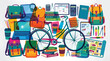 © Anita - Colorful back to school vector collection with bicycle, backpacks and laptop. Student education supplies set featuring textbooks, stationery and campus map. University life flat illustration.