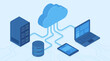 © Skyframe - Isometric blue cloud computing network connecting a server rack, database, tablet, and laptop via stylized circuit pathways against a light background