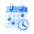 © Abdur - 3D Blue Glass Calendar and Clock Icon, Crystal Agenda Planner for Schedule and Time Management Isolated on Transparent Background