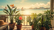 © MehediHasan - Potted tropical plants on a wooden balcony overlooking a calm ocean with sailboats at sunset, straw hat on a table
