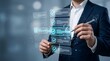 © Ridwan_DigitalGrid - Professional businessman checking tasks on floating glowing holographic digital checklist interface with stylus pen