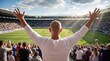 © ImagineAiStudio - Rear view of bald White man with raised arms looking at soccer match. Enthusiastic fan supporting team from stadium stands during sunny day.