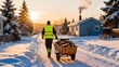© 应星 宋 - Person pulling cart with firewood in snowy landscape