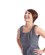 © peopleimages.com - Laugh, happy and business woman in studio with good news, job promotion or reaction by space. Professional person, positive opportunity or funny with career development, growth and white background