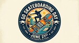 "Go Skateboarding Day" is written on a circular badge-style vector with a skateboard deck and wheels