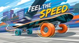 Flat illustration of skateboard wheels in motion, text “Feel the Speed”