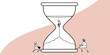 © theartcreator - Concepto de gestión del tiempo con un reloj de arena gigante y personas diminutas que trepan y se sientan sobre él; ilustración vectorial de estilo plano para negocios.