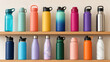 © Preeyanuch - Colorful reusable water bottles arranged on wooden shelves, various shapes, materials, and lids, promoting eco friendly hydration choices