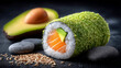 © Jhati - Fresh salmon avocado sushi roll with sesame seeds and stones on black background