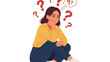 © MDFOYSAL - Confused young woman sitting with question marks floating above her head