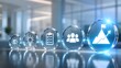 © Aish-Studio - Transparent business workflow icons illustrating vision, innovation, planning, teamwork and achievement in modern corporate environment with copy space