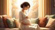 © Rizki Akbar - Pregnant woman sitting on couch in sunlit room cradling her belly in a warm cozy atmosphere