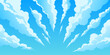 © vectorpouch - Anime cloud formations float across blue sky in manga style vector artwork. Dynamic perspective with dreamy cloudy horizon creates cartoon backdrop for summer game poster design.