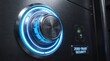 ©  DreamBuild Studio - Close-up of a secure safe's glowing blue dial and keycard reader on a black metal door with a zero-trust security label