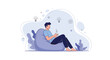 © Mostofa - Man relaxing in a bean bag chair while drinking coffee and thinking with light bulb icons above his head for a creative idea concept.