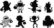 © Manharul - Halloween silhouettes of witch, mummy, skeleton, vampire, pumpkin costume, cat, and spooky characters
