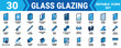 © Sumon Sorkar - Set of 30 glass glazing icons showing types of glass and professional construction installation tools Minimal solid fill icon set bundle collection. Editable Vector Illustration Mega pack