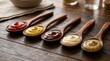© Masque - Assorted creamy condiments served in wooden spoons on a warm rustic table.