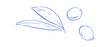© Moonnoon - Minimal blue coquette olive branch sketch icon. Simple hand drawn leaves and olive doodle as cute mediterranean element. Linear ink line art suits cafe menu background and vintage food poster frame