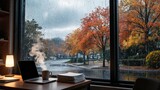 Autumn rainy day office window views during a rainy day in autumn, serene office scene