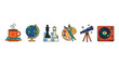 © MopoWe - Personal interest symbols showcasing coffee globe and chess in flat vector illustration for lifestyle branding