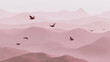© akalith.studio - 霧がかったピンクの山並みと上空を羽ばたく鳥の群れの幻想的な風景 生成AI