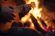 © btiger - hands playing an acoustic guitar beside a glowing campfire, warm cozy evening atmosphere