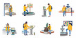 © Mairiko - Flat illustration set of students in yellow jackets using maps and digital kiosks to navigate a university campus with fountains.