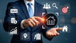 © Olivia - Businessman using virtual interface for real estate, selecting home icon, property investment, digital marketing, sales strategy, financial growth