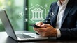 © Henry - Businessman using smartphone for mobile banking and fintech services, digital finance concept, online investment management, secure transaction icons