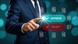 © Jack - Businessman approving digital document on virtual interface, modern corporate workflow concept with glowing approve button and floating file icons for online management systems