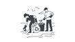 © Su - Two volunteers cleaning up litter and collecting trash in a bag.