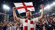 © Olena - Passionate England football supporter celebrating victory with the national flag in a crowded stadium. Energetic soccer fan portrait capturing excitement, confetti and unforgettable championship atmos