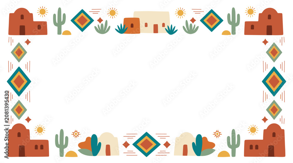 Southwestern desert border with adobe buildings, cacti, and geometric ...