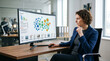 © Masarts - Professional Female Executive in Navy Blazer Analyzing Creative Strategy Diagram and Content Management Performance Metrics on Ultrawide Workspace Desktop Monitor Stock Photo