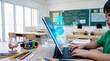 © Saqlain - a young student in a modern classroom, using a laptop, ai assistance hologram on the screen, ai technology in schools and education concept