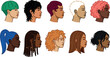 © Roni - Diverse Woman Profile Portrait Set with Colorful Hairstyles Different Skin Tones and Hair Textures for Inclusive Branding Beauty Salon and Feminine Graphic Designs Vector Illustration