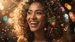 © AGI Studio - A joyful woman with curly hair smiles brightly, surrounded by colorful confetti and festive bokeh lights.