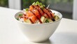 © Satoru - A fresh salmon and avocado rice bowl with green onion and glossy sauce on a white table suits restaurant menus, meal delivery, or healthy eating campaigns.