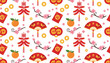 © Mohashin - Seamless pattern for Chinese New Year featuring red envelopes, lanterns, cherry blossoms, hand fans, and oranges.