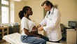 © MDABUOBAIDA - A doctor measures a pregnant patient’s belly with a tape measure in a clinic, fitting prenatal care, maternity health, obstetrics, and medical service uses.