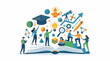© angga - A colorful illustration of students standing on an open book surrounded by icons representing education and knowledge