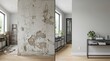 © Ghulam - Interior renovation progress displays a split screen comparing a damaged wall undergoing restoration and a finished modern room layout featuring elegant console furniture and decorative indoor plants.