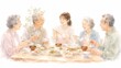 © Diamond Fuji - 若い女性と高齢者が笑顔で食卓を囲み、温かい食事を楽しむ家族団欒の水彩画イラスト