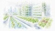© Diamond Fuji - ロボットアームが稼働する近代的な植物工場、都市の未来を示すスマート農業の水彩画風イラスト