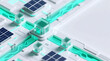 © Zucide - Detailed 3D illustration of modern renewable energy grid network with glowing neon lines on white futuristic surface for clean tech concept with copy space