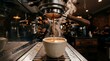 © R.Fauzi - Freshly Brewed Espresso Coffee Pouring into a Black Cup in a Professional Coffee Shop Setting with Rising Steam