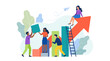 © Zahra - Diverse business team collaborating to build colorful bar charts and a large upward red arrow on white background, Symbolizing corporate growth strategy and professional teamwork achievement
