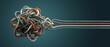 © Design Store - Tangled messy colorful ropes forming chaotic knot becoming organized straight lines extending outward signifying solution problem solving overcoming complexity and finding clarity.
